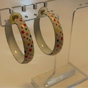 Vintage Hoop Earrings Stars Scatter White Multicolor Costume Retro Metal Large